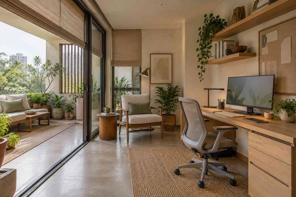 AI-generated home office concept: verandah-adjacent study, ash and linen direction