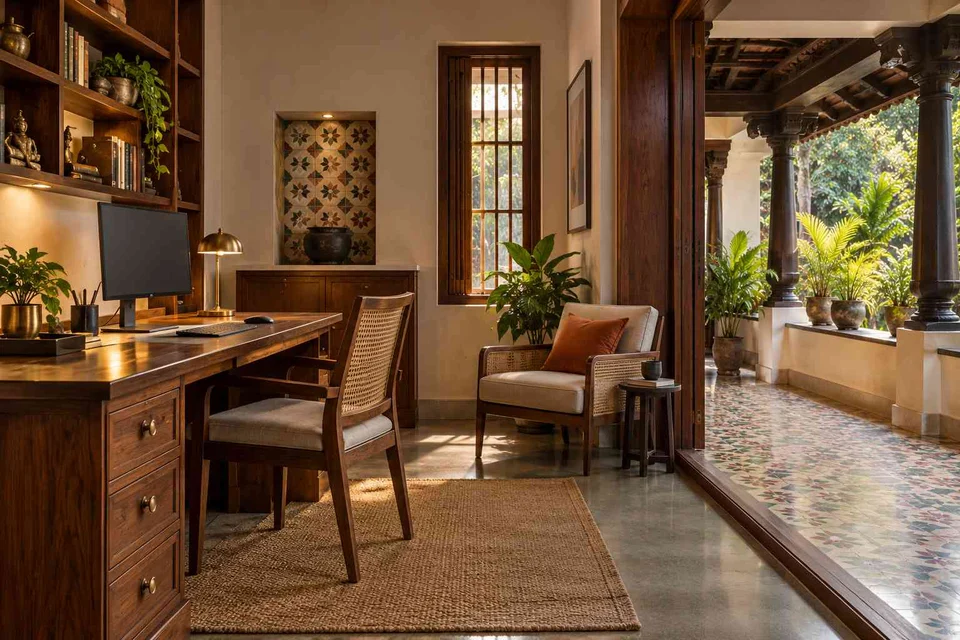AI-generated home office concept: verandah-adjacent study, chettinad tile direction