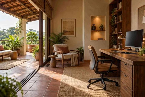 AI-generated home office concept: verandah-adjacent study, clay artisan direction