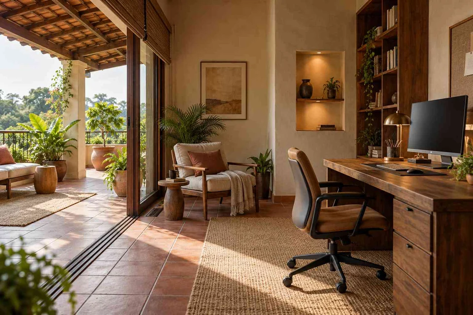 AI-generated home office concept: verandah-adjacent study, clay artisan direction