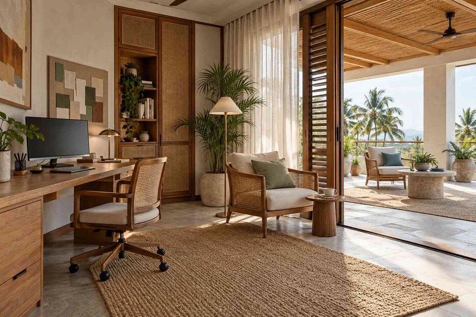AI-generated home office concept: verandah-adjacent study, coastal woven direction