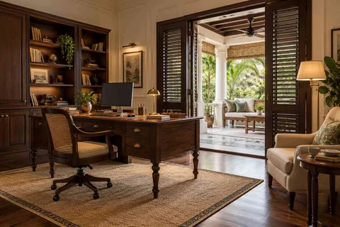 AI-generated home office concept: verandah-adjacent study, colonial quiet direction