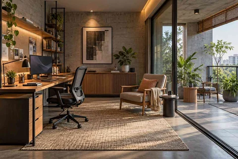AI-generated home office concept: verandah-adjacent study, concrete and oak direction