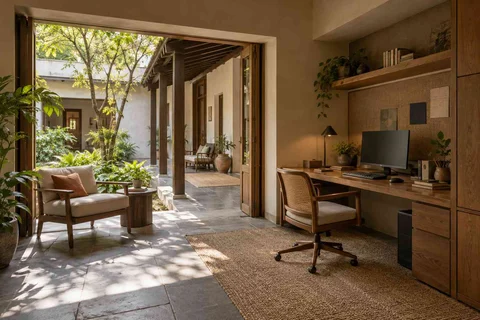AI-generated home office concept: verandah-adjacent study, courtyard modern direction