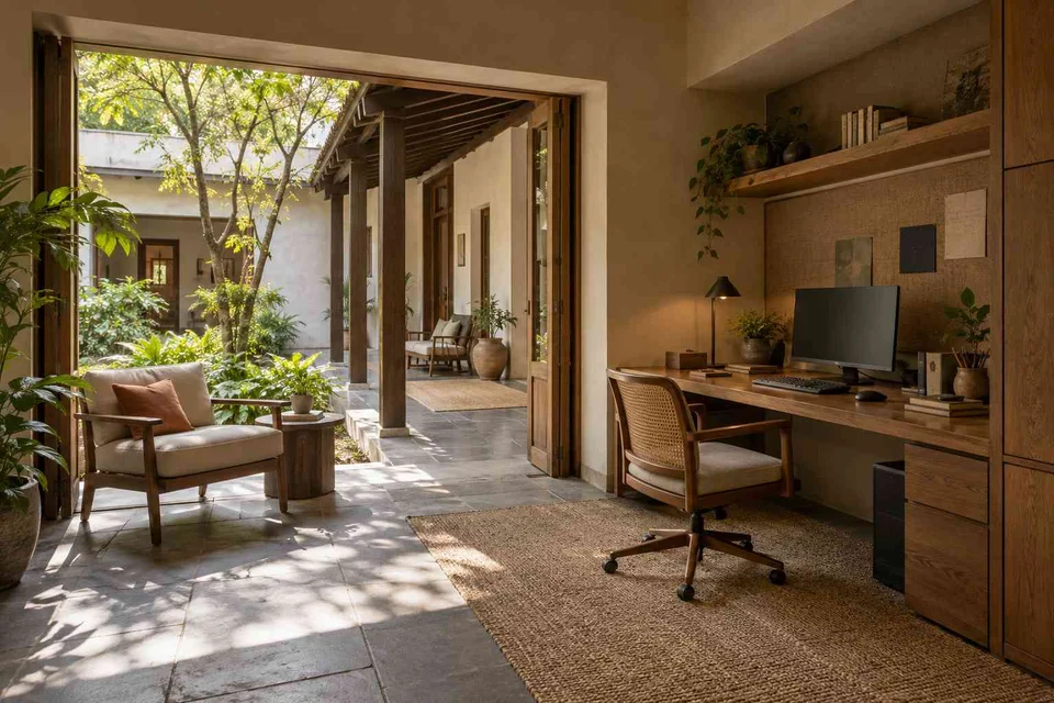 AI-generated home office concept: verandah-adjacent study, courtyard modern direction