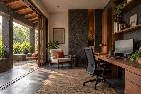AI-generated home office concept: verandah-adjacent study, deccan stone direction