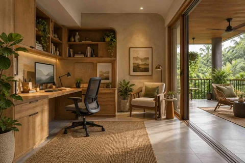 AI-generated home office concept: verandah-adjacent study, earth and bamboo direction