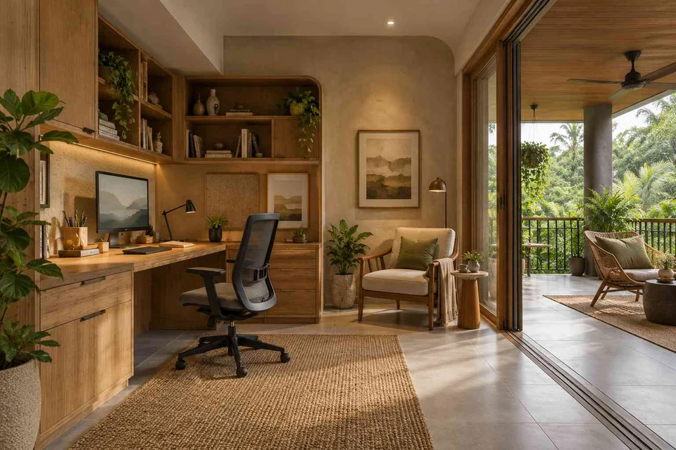 AI-generated home office concept: verandah-adjacent study, earth and bamboo direction
