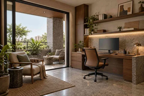 AI-generated home office concept: verandah-adjacent study, granite precision direction