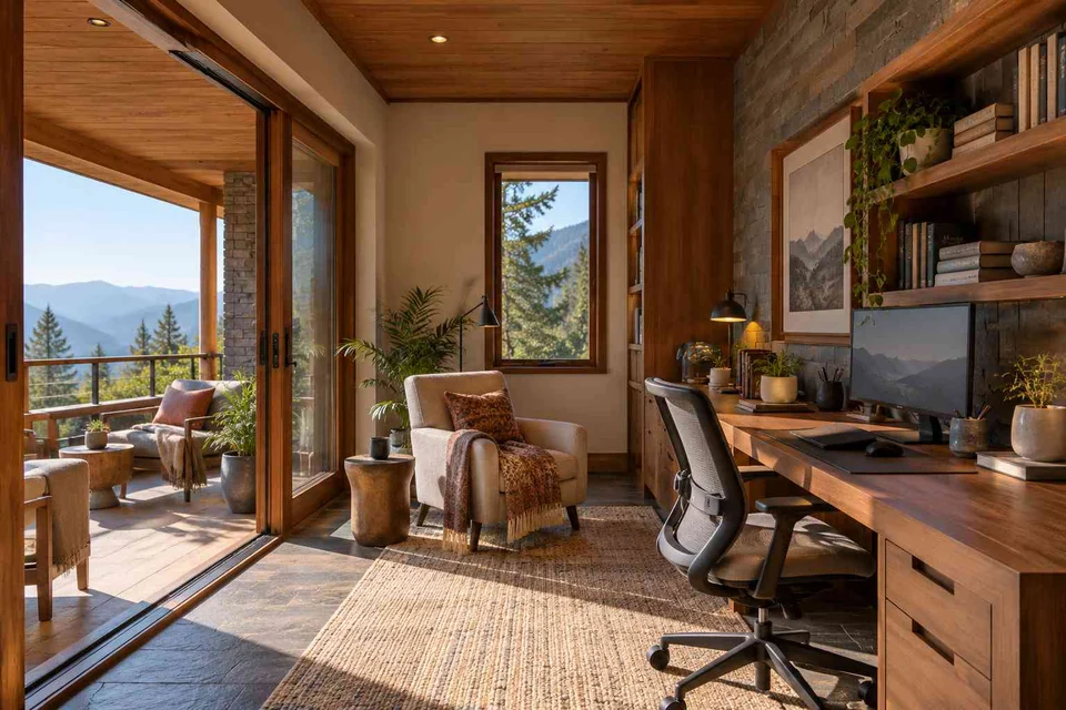 AI-generated home office concept: verandah-adjacent study, hill timber direction