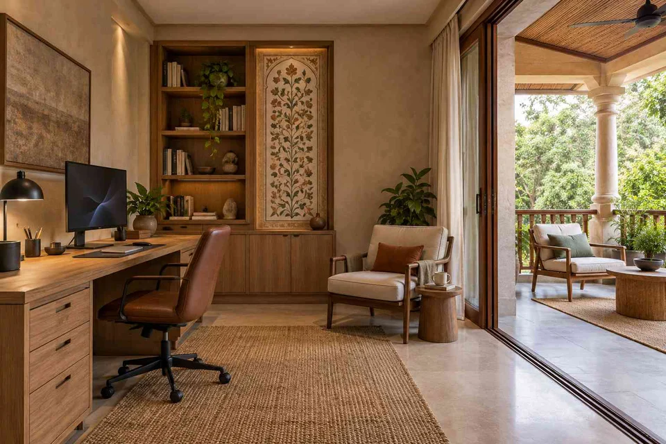 AI-generated home office concept: verandah-adjacent study, inlay atelier direction