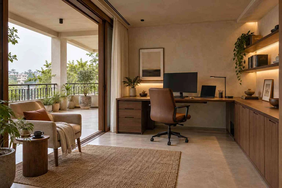 AI-generated home office concept: verandah-adjacent study, lime and walnut direction