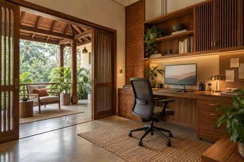 AI-generated home office concept: verandah-adjacent study, malabar timber direction