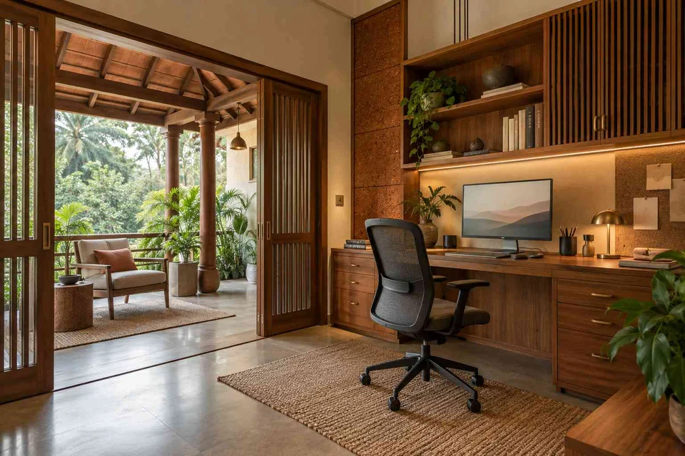 AI-generated home office concept: verandah-adjacent study, malabar timber direction
