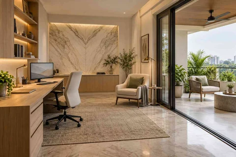 AI-generated home office concept: verandah-adjacent study, marble restraint direction