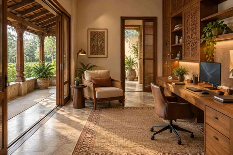 AI-generated home office concept: verandah-adjacent study, modern carved direction