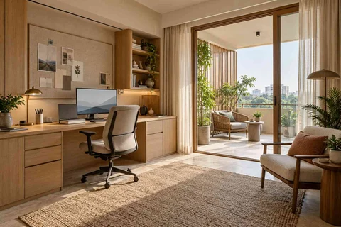 AI-generated home office concept: verandah-adjacent study, quiet contemporary direction