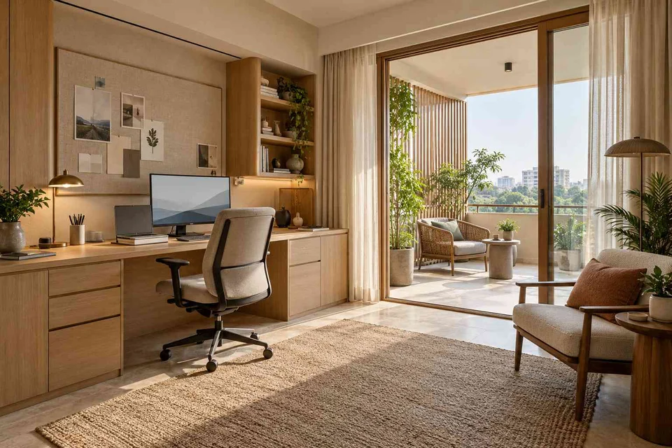 AI-generated home office concept: verandah-adjacent study, quiet contemporary direction