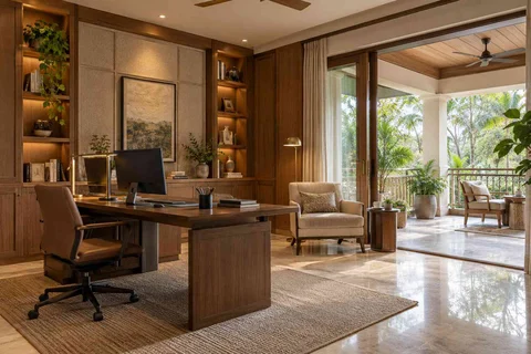 AI-generated home office concept: verandah-adjacent study, quiet transitional direction