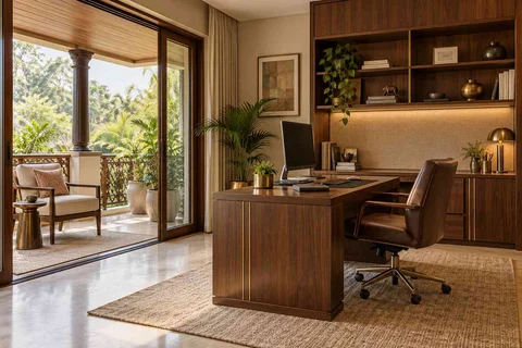 AI-generated home office concept: verandah-adjacent study, rosewood brass direction
