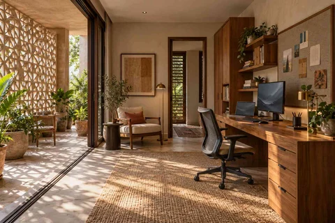 AI-generated home office concept: verandah-adjacent study, sandstone lattice direction