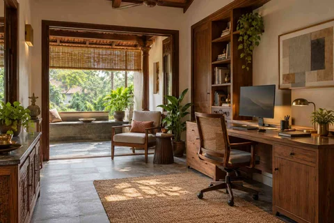 AI-generated home office concept: verandah-adjacent study, teak craft direction