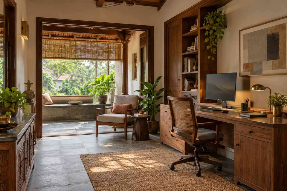 AI-generated home office concept: verandah-adjacent study, teak craft direction