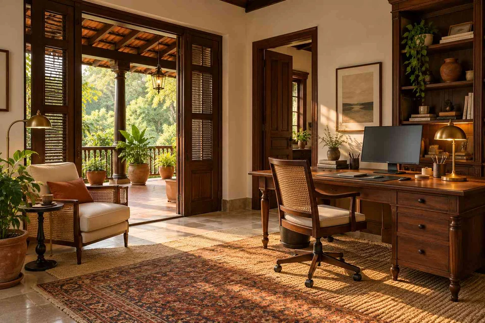 AI-generated home office concept: verandah-adjacent study, terracotta heritage direction