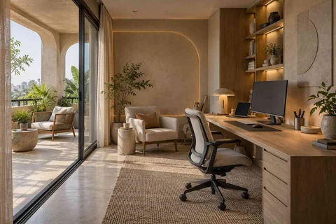 AI-generated home office concept: verandah-adjacent study, textured mineral direction
