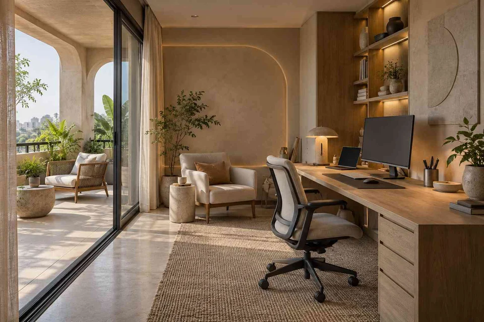 AI-generated home office concept: verandah-adjacent study, textured mineral direction