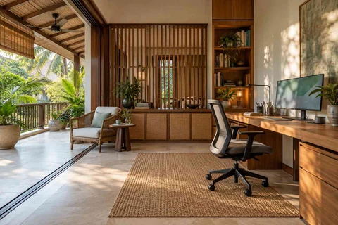 AI-generated home office concept: verandah-adjacent study, tropical slatted direction
