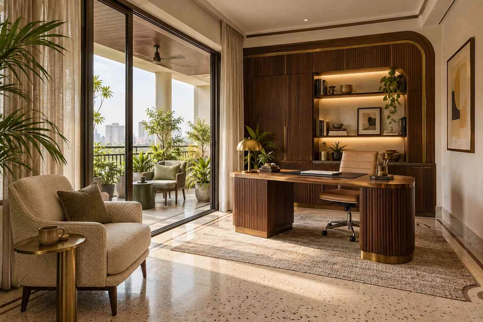 AI-generated home office concept: verandah-adjacent study, urban deco direction