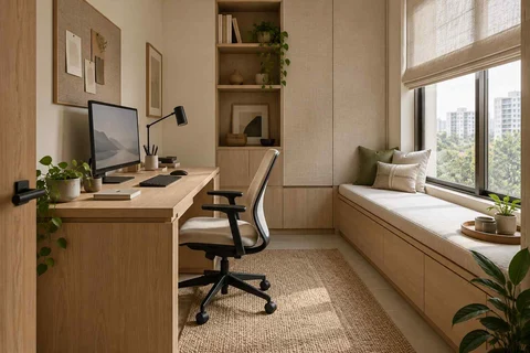 AI-generated home office concept: window bench study, ash and linen direction