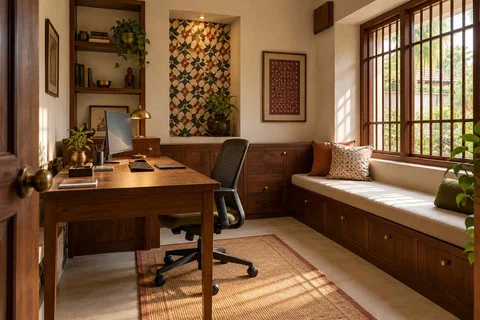 AI-generated home office concept: window bench study, chettinad tile direction