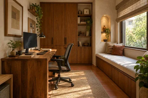 AI-generated home office concept: window bench study, clay artisan direction