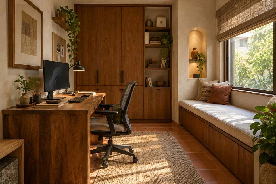 AI-generated home office concept: window bench study, clay artisan direction
