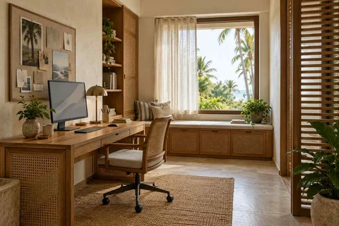 AI-generated home office concept: window bench study, coastal woven direction