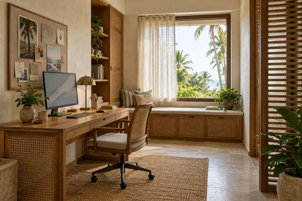 AI-generated home office concept: window bench study, coastal woven direction