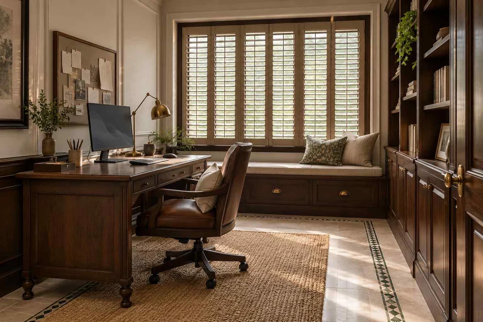 AI-generated home office concept: window bench study, colonial quiet direction