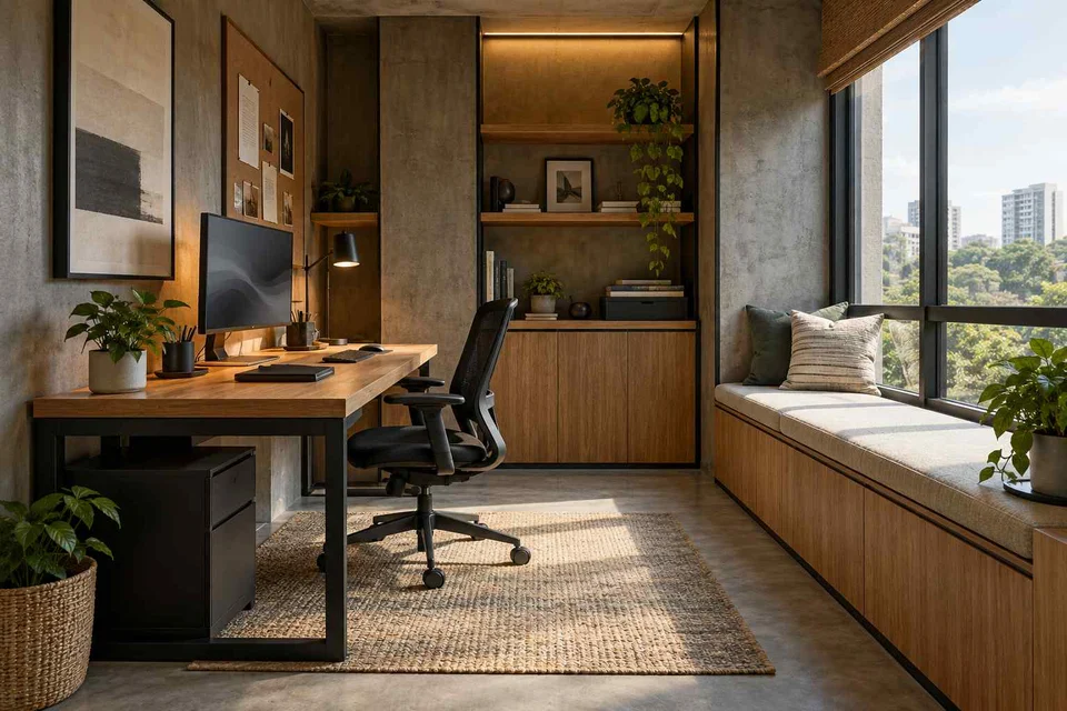 AI-generated home office concept: window bench study, concrete and oak direction