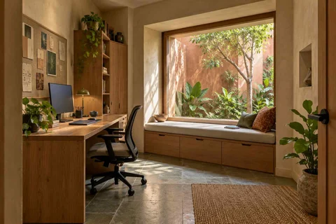 AI-generated home office concept: window bench study, courtyard modern direction