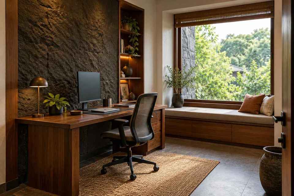 AI-generated home office concept: window bench study, deccan stone direction