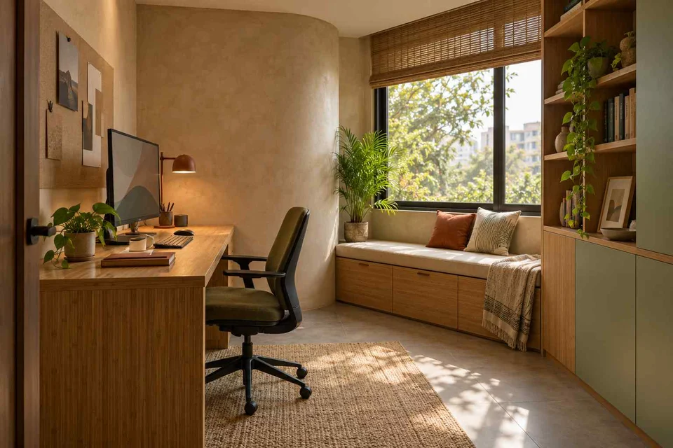 AI-generated home office concept: window bench study, earth and bamboo direction