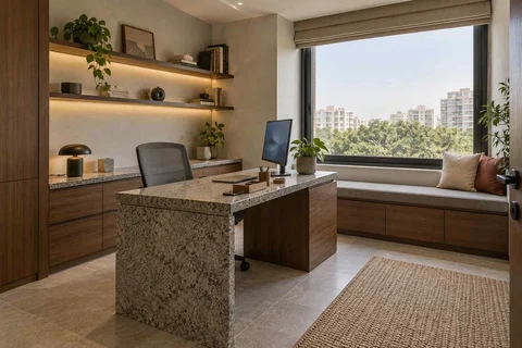 AI-generated home office concept: window bench study, granite precision direction