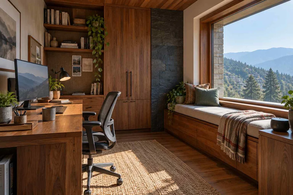 AI-generated home office concept: window bench study, hill timber direction