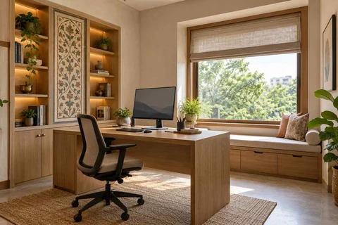 AI-generated home office concept: window bench study, inlay atelier direction