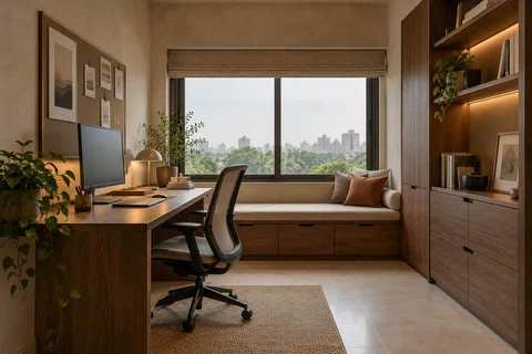 AI-generated home office concept: window bench study, lime and walnut direction