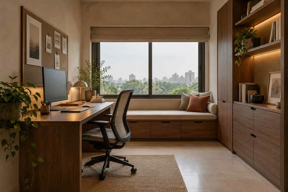 AI-generated home office concept: window bench study, lime and walnut direction