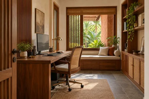 AI-generated home office concept: window bench study, malabar timber direction