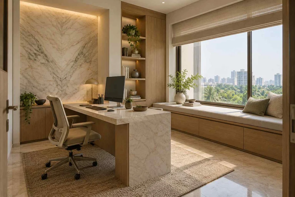 AI-generated home office concept: window bench study, marble restraint direction